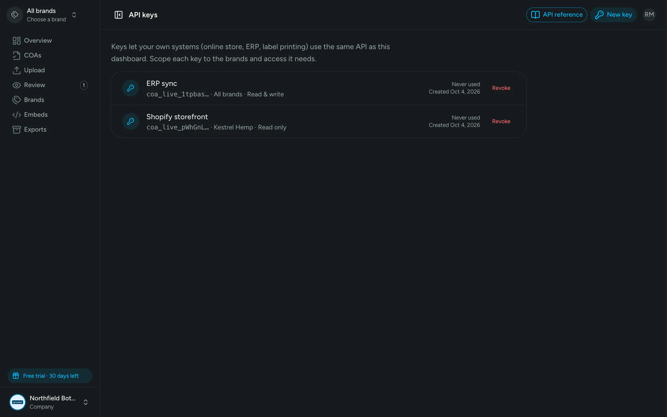 API keys page listing a read-only storefront key scoped to one brand and a read-write ERP key
