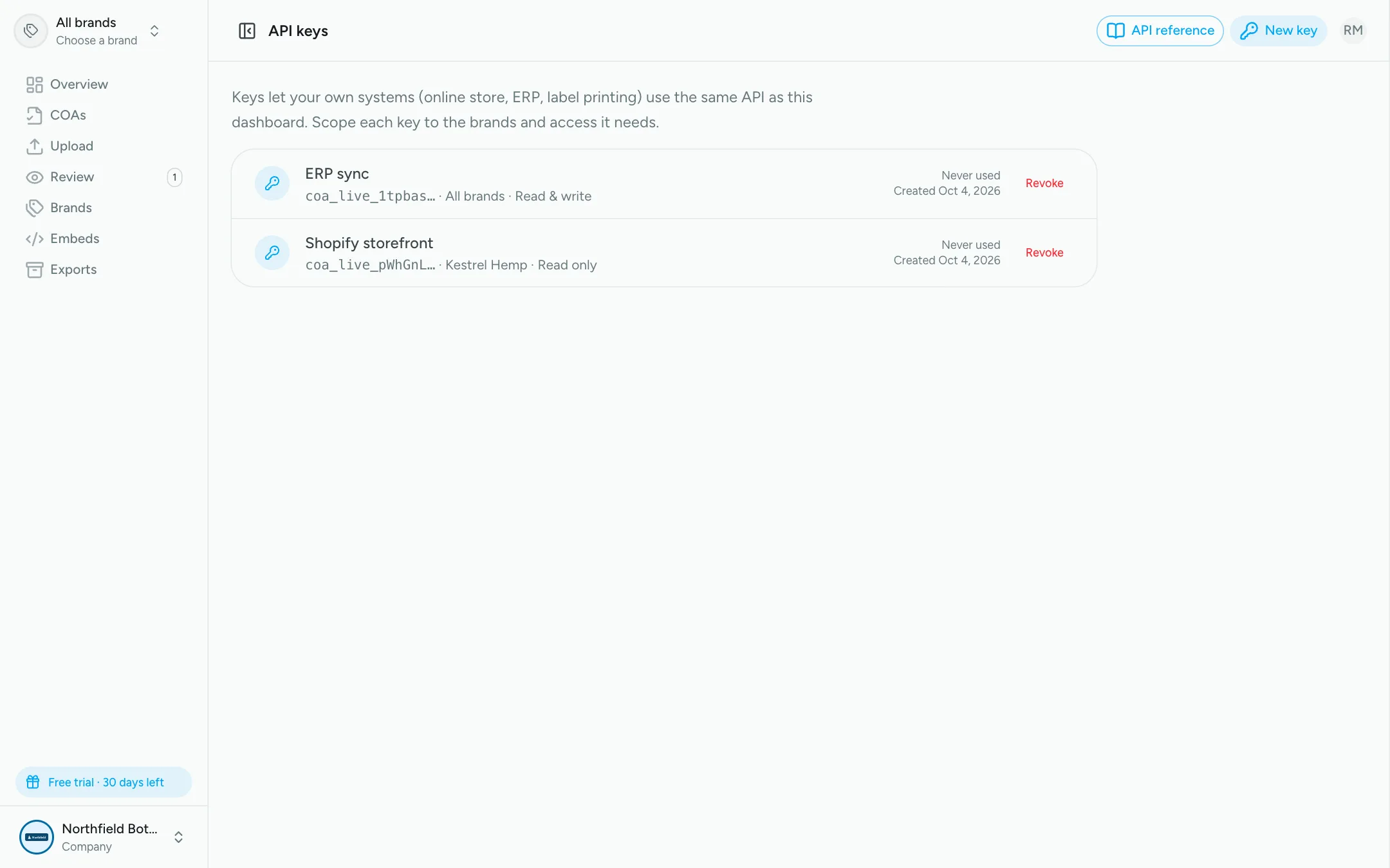 API keys page listing a read-only storefront key scoped to one brand and a read-write ERP key