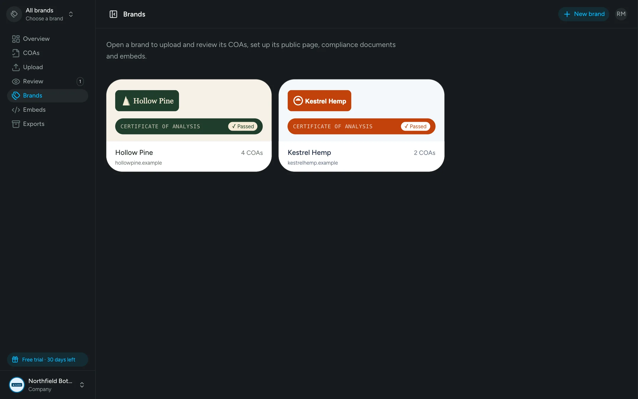 Brands page showing two brands, Hollow Pine and Kestrel Hemp, each in its own colors