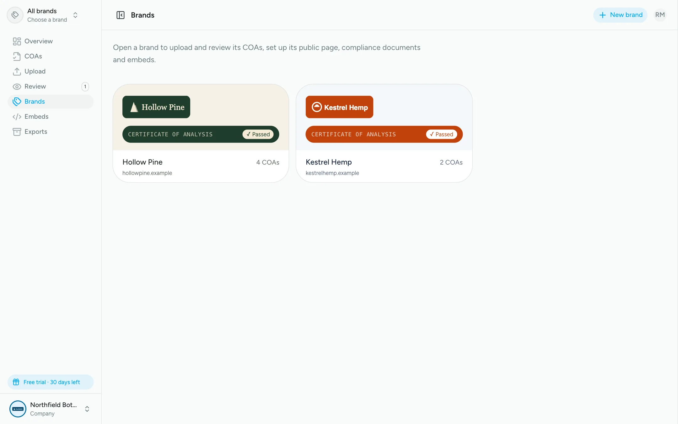 Brands page showing two brands, Hollow Pine and Kestrel Hemp, each in its own colors