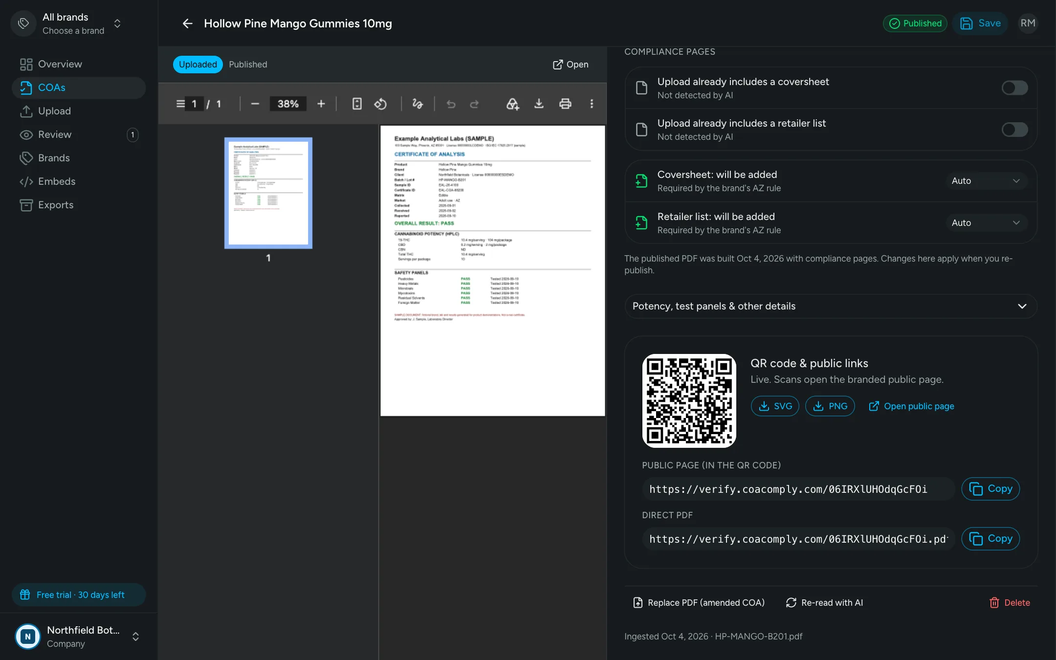 COA details with its QR code, SVG and PNG download buttons and the public page link