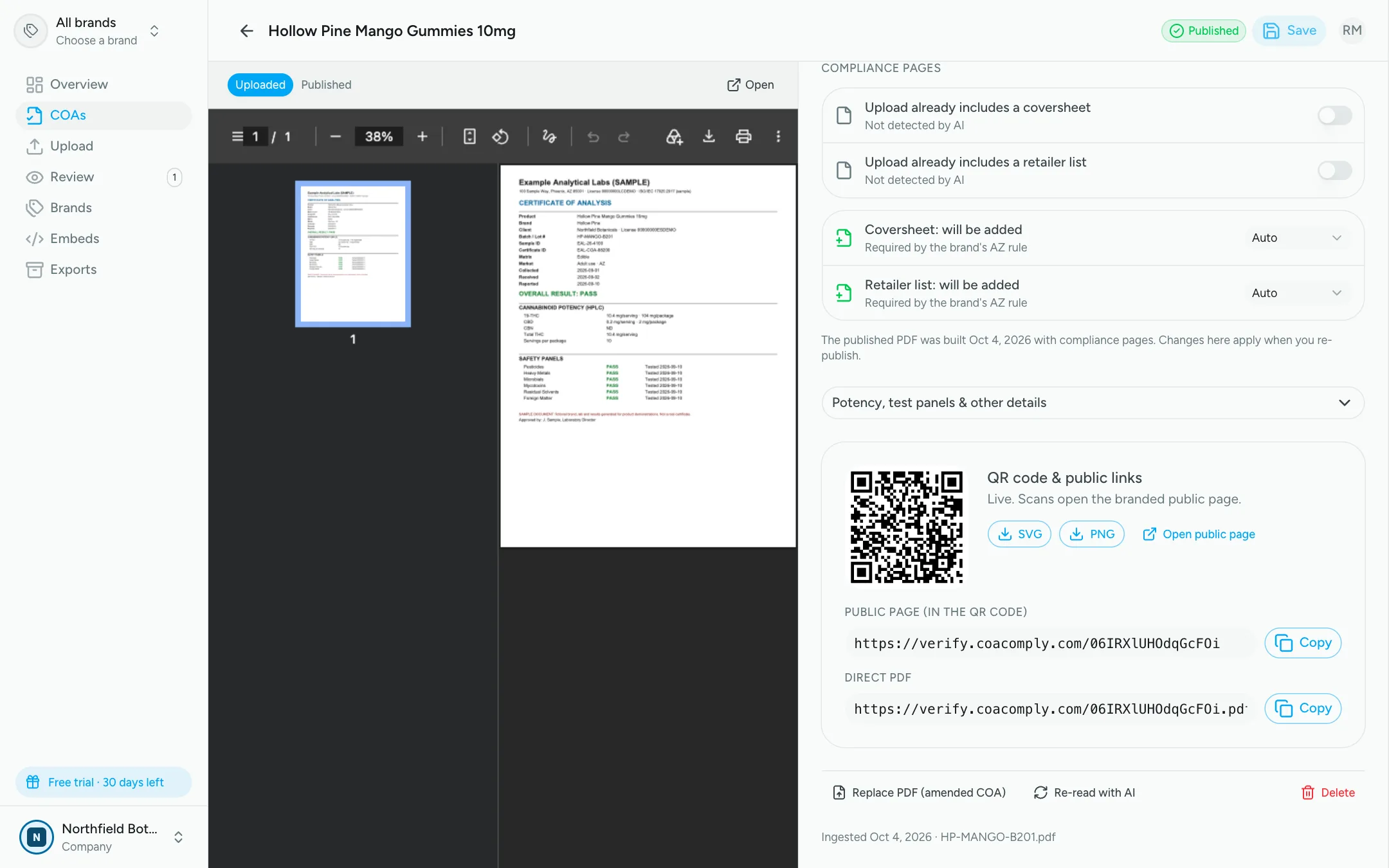 COA details with its QR code, SVG and PNG download buttons and the public page link