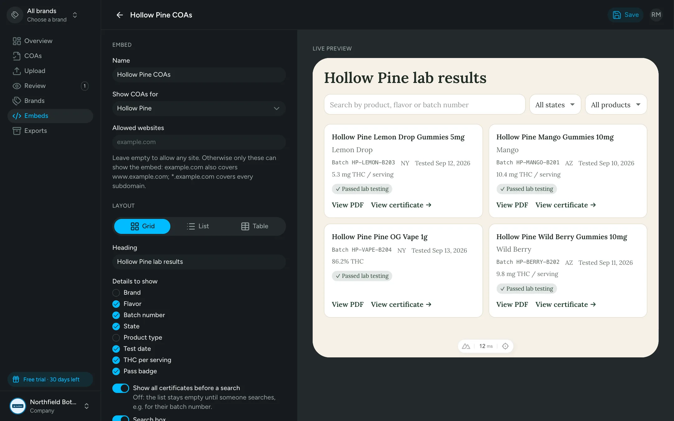 Embed customizer with layout, fields and a live preview of the COA grid