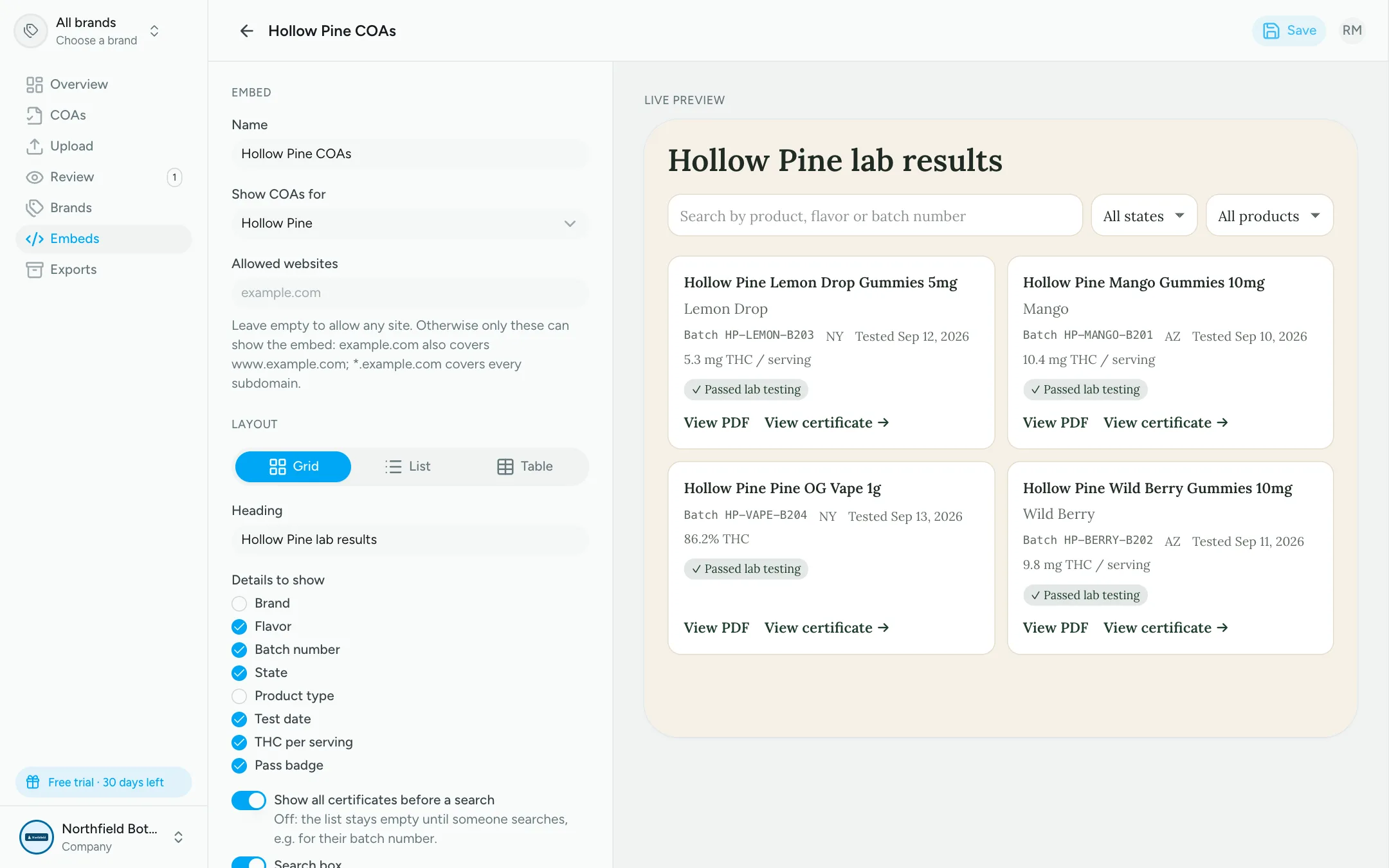 Embed customizer with layout, fields and a live preview of the COA grid