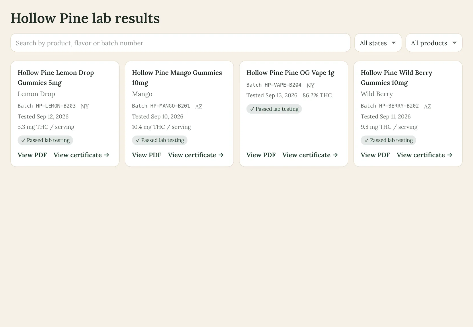 Searchable COA lookup embedded on a brand website, showing batches with THC per serving and passed lab testing