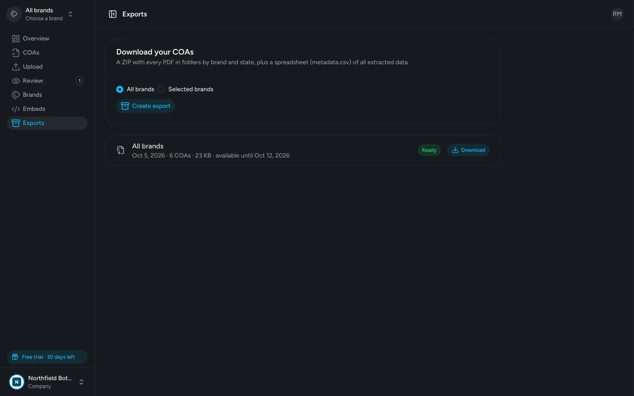 Exports page with an all-brands export of 6 COAs ready to download