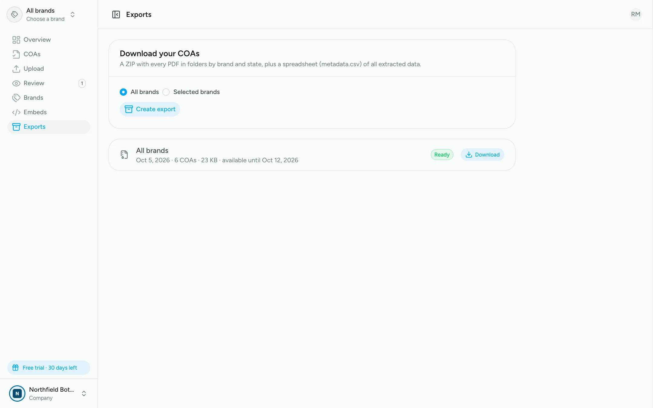 Exports page with an all-brands export of 6 COAs ready to download
