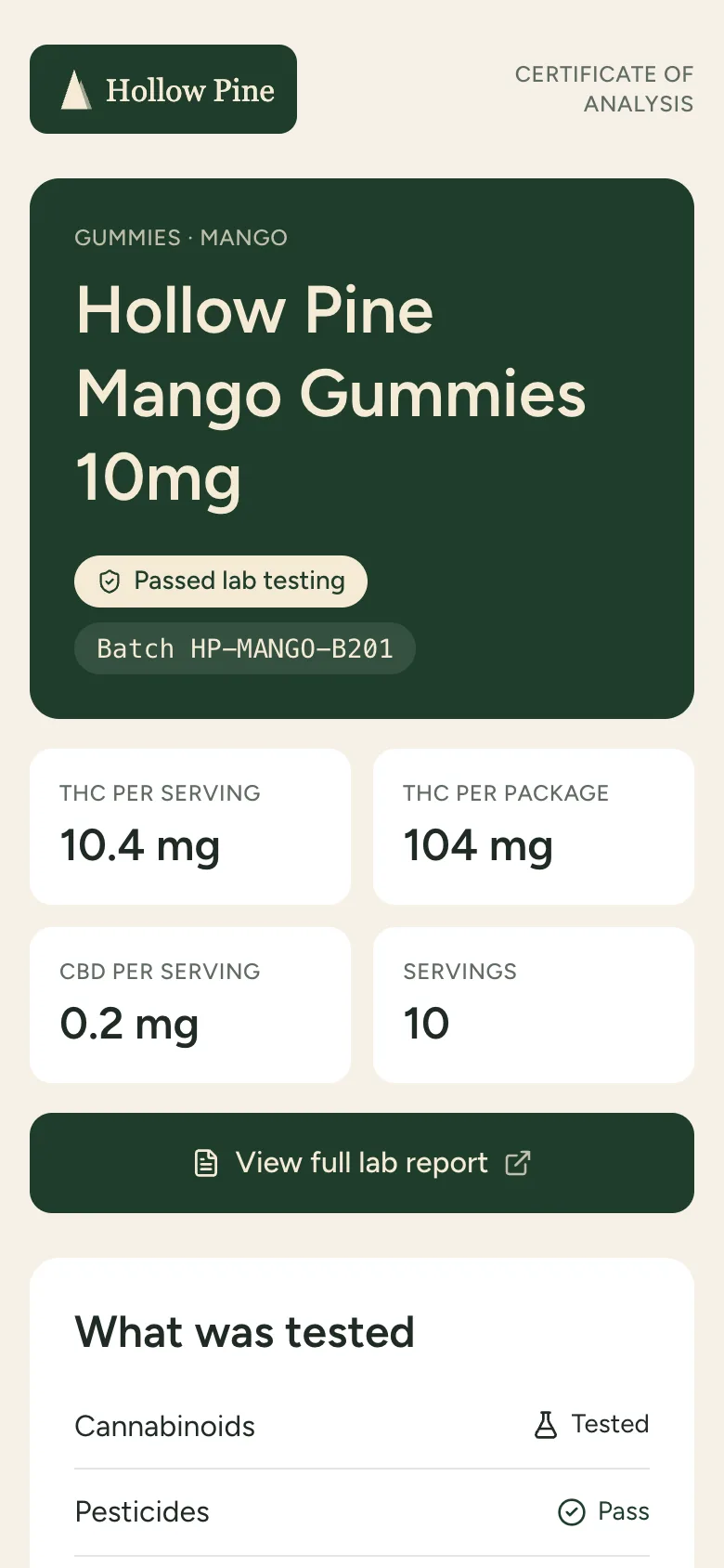 CBD COA results page on a phone with potency and lab test results