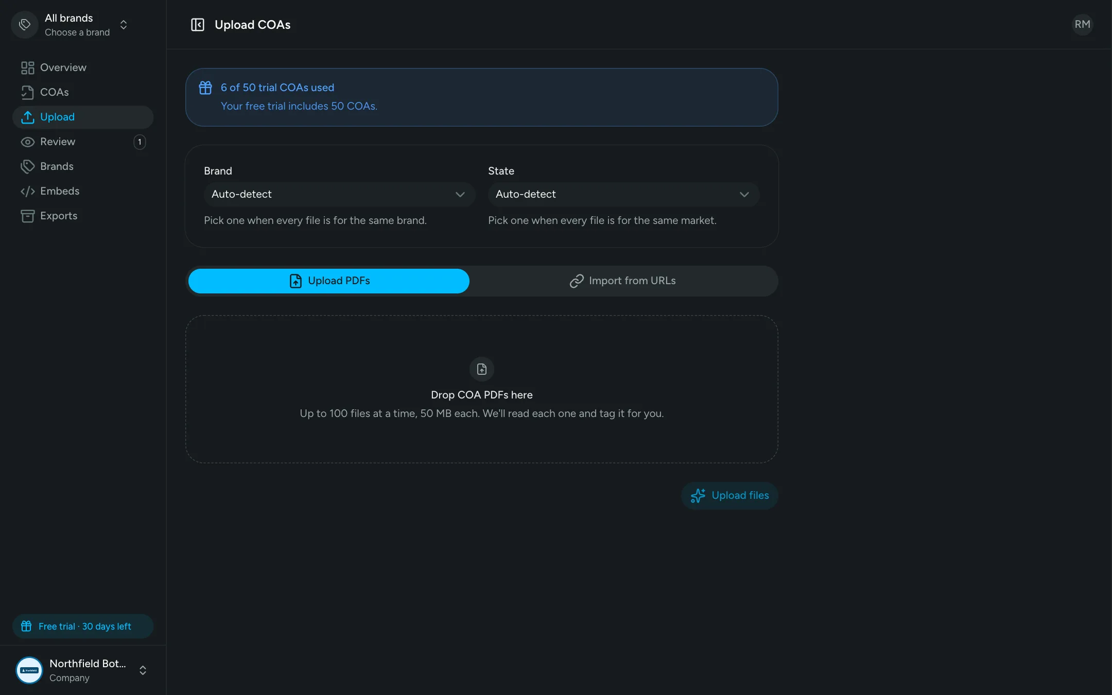 Upload page with brand and state defaults and a drop zone for COA PDFs